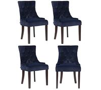 CLP Set 4 Poltrone Pranzo Aberdeen Stile Chesterfield in Velluto E Legno caucciù, Colore:Blu, Colore del Telaio:Antico