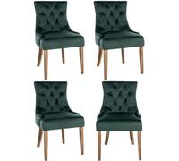 CLP Set 4 Poltrone Pranzo Aberdeen Stile Chesterfield in Velluto E Legno caucciù, Colore:Verde Scuro, Colore del Telaio:Antico Chiaro