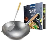 CLP Set wok in acciaio al carbonio I Base piatta o rotonda per gas, induzione e grill I Padella wok con manico in legno, ricettario e pala wok, Forma:rotondo