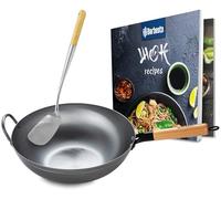 CLP Set wok in acciaio al carbonio I Base piatta o rotonda per gas, induzione e grill I Padella wok con manico in legno, ricettario e pala wok, Forma:flach