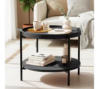 CLP Tavolino Rotondo in Legno Corbitan, Doppio Livello con Spazio per Oggetti, Base Piccola in Metallo Nero, Colore:Grigio, Dimensione:Ø 50 cm