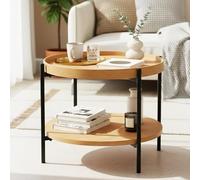 CLP Tavolino Rotondo in Legno Corbitan, Doppio Livello con Spazio per Oggetti, Base Piccola in Metallo Nero, Colore:Natura, Dimensione:Ø 50 cm