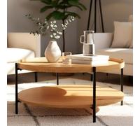 CLP Tavolino Rotondo in Legno Corbitan, Doppio Livello con Spazio per Oggetti, Base Piccola in Metallo Nero, Colore:Natura, Dimensione:Ø 80 cm