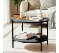 CLP Tavolino Rotondo in Legno Edduma, 2 Livelli con Spazio di archiviazione, Base in Metallo Nero, Colore:Grigio, Dimensione:Ø 50 cm