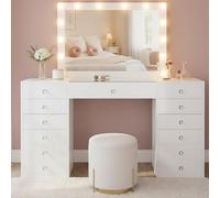 CLP Tavolino trucco con illuminazione e specchio 100x75 cm Attalla, specchio stile Hollywood LED 3 tonalità di luce, prese USB-A e USB-C, Colore:bianco