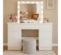 CLP Tavolo da trucco con illuminazione e specchio Duffy, specchio hollywoodiano con luce LED dimmerabile con 3 colori di luce, con 7 cassetti, Colore:bianco