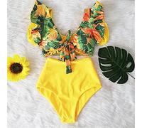 CLSDRZC Floral Ruffled Hem Bikini Set Women Flora V-Neck High-Waisted Two Piece Swimsuit Girl Beach Bathing Suit Swimwear