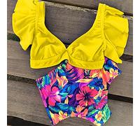 CLSDRZC Floral Ruffled Hem Bikini Set Women Flora V-Neck High-Waisted Two Piece Swimsuit Girl Beach Bathing Suit Swimwear