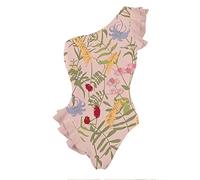 CLSDRZC Pink One-Shoulder Ruffled Print Floral Swimsuit Set Swimwear for Girls Summer Beach