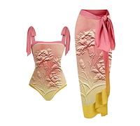 CLSDRZC Pink Vintage Floral Gradient Swimsuit Set Women's Surf Wear Floral Tie Dye Lace Stripe Cutout