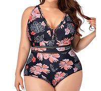 CLSDRZC Plus Size Vintage Floral One-Piece Women's Swimsuit V Neck Oversized Mesh Big Size Swimwear