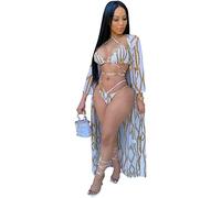 CLSDRZC Stampa a Catena da Donna 3 Pezzi Set Bikini STRAPSI di Spaghetti Abito da Bagno in Chiffon Lungo Abbigliamento da Bagno