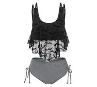 CLSDRZC Stripe Print Mesh Padded Tankini Set Women Swimsuit Fashion Gothic Two Piece Bathing Suit Beachwear
