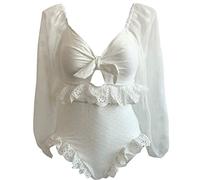 CLSDRZC Swimsuit Women's Retro Hot Spring Vacation Slim White Long-Sleeved One-Piece Swimsuit Women