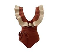 CLSDRZC Swimsuit Women's Ruffles One-Piece Retro Hot Spring Vacation Gathered to Look Thinner And Cover Belly