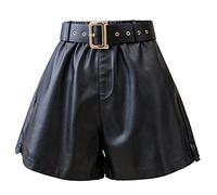 CLSDRZC Winter PU Leather Women& Shorts with Belt High Waist Pockets Wide Legged Trousers Female