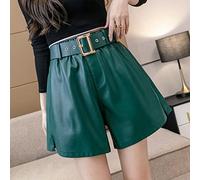 CLSDRZC Winter PU Leather Women Shorts with Belt High Waist Pockets Wide Legged Trousers Female