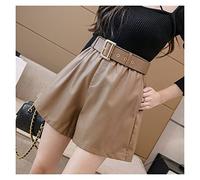 CLSDRZC Winter PU Leather Women Shorts with Belt High Waist Pockets Wide Legged Trousers Female