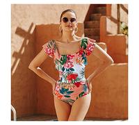 CLSDRZC Women Ruffle One Piece Swimwear Colorful Tube Top Swimsuit Slimming Bathing Suit Summer Beachwear