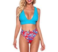 CLSDRZC Women Vintage Swimsuit Two Pieces Retro Halter Ruched Bikini Set High Waist Print Swimwear Beachwear Biquini 2025