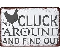 Cluck Around And FindChicken Cartello Polli divertenti Decorazione Vintage Targhe in metallo Targa Decorazione da parete Bar Pub Man Cave Club Novità Bagno Toilette Poster retrò Cafe Garage Regola 5,5