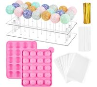 CLUEWR Set completo di stampi per cake pop, con 1 stampo in silicone con 20 cavità, 21 fori in acrilico trasparente, 100 sacchetti trasparenti, 100 bastoncini e 100 fascette a torsione