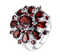 Cluster Anello da cocktail con taglio rotondo con diamanti e granato placcato oro 925, in argento Sterling 925, con zircone, per anniversario di matrimonio, Taglia unica, lega di alluminio, Non pietra