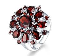 Cluster Anello da cocktail con taglio rotondo con diamanti e granato placcato oro 925, in argento Sterling 925, con zircone, per anniversario di matrimonio, Taglia unica, lega di alluminio, Non pietra