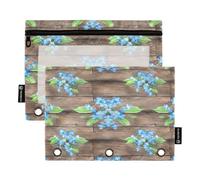 Clusters Blue Forget Flowers - Raccoglitore rustico in legno a tre fori con finestra trasparente, confezione da 2 astucci per matite per ragazze e bambini, materiale scolastico, 24,9 x 17,8 cm (taglia