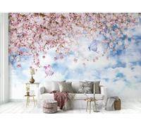 CLVIUJLBKLKSDD Carta da Parati Panoramica Fiori Rossi 350cmx250cm Fiori Di Pesco Da Sogno Cieli Blu E Nuvole Fotomurali Decorazione Muro Poster Gigante Design Carta per pareti