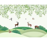 CLVIUJLBKLKSDD Carta da parati Panoramica Foglie Verdi 150cmx105cm Alce Sulla Collina E Uccelli In Volo Fotomurali Decorazione Muro Poster Gigante Design Carta per pareti