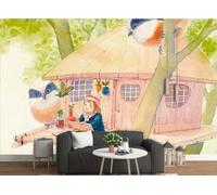 CLVIUJLBKLKSDD Carta da parati Panoramica Foresta Pluviale Tropicale 250cmx175cm Casa Sull'Albero Colorata Con Uccelli Fotomurali Decorazione Muro Poster Gigante Design Carta per pareti