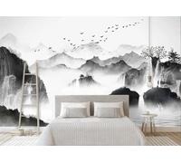 CLVIUJLBKLKSDD Carta da Parati Panoramica Paesaggi In Bianco E Nero 400cmx280cm Paesaggio Naturale In Stile Cinese Con Uccelli In Volo Nella Nebbia Fotomurali Decorazione Muro Poster Gigante Design