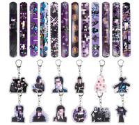 Clvsyh 24Pcs Regalo per Festa di Compleanno Bambini, Mercoledì Portachiavi + Slap Bracelets, Set Regalo per Feste di Compleanno, Mercoledì Compleanno Regalo