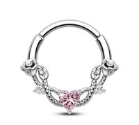 CM Crareesi Mania - Piercing al setto nasale con rose, 16G, anello a segmento con cerniera, in acciaio inossidabile 316L, con chiusura a scatto per daith, cuore in zircone cubico, gioielli per