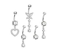 CM Crareesi Mania Piercing per ombelico, 5 pezzi, Belly Bar, 14G, farfalla e cuore, acciaio chirurgico, Belly Bars Dangly, set da 10 mm, argento e oro, gioielli per ombelico da donna, Acciaio