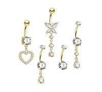 CM Crareesi Mania Piercing per ombelico, 5 pezzi, Belly Bar, 14G, farfalla e cuore, acciaio chirurgico, Belly Bars Dangly, set da 10 mm, argento e oro, gioielli per ombelico da donna, Acciaio