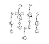 CM Crareesi Mania Piercing per ombelico, gioiello 14 G, 5 pezzi, con fiocco e ciondolo a forma di cuore, per ombelico, oro, argento, acciaio chirurgico, per donne, Acciaio inossidabile