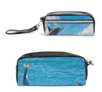 Cmagnifico Astuccio in pelle, con due delfini, utilizzabile come astuccio per ufficio e scuola, borsa da viaggio o piccola cassetta degli attrezzi, borsa per il trucco