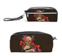 Cmagnifico Astuccio in pelle, motivo floreale con teschio di zucchero Day of the DeadStationery Bag usato come astuccio per ufficio e scuola, borsa da viaggio d'affari o piccola cassetta degli