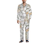 Cmagnifico Biancheria da notte da uomo, set pigiama mimetico con cervo, camicia a maniche lunghe con bottoni e pantaloni, Motivo gatto., L
