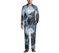 Cmagnifico Biancheria da notte da uomo, set pigiama mimetico con cervo, camicia a maniche lunghe con bottoni e pantaloni, Lupo lunare, S