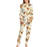 Cmagnifico Pigiama da donna con scollo rotondo, pigiama con fiori di ape, pigiama da donna con tasche, Una fuga di polli, XL