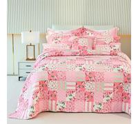 Cmfshape Copriletto trapuntato floreale con 2 federe, per letto queen size, patchwork rosa, set di 3 pezzi, leggero e reversibile, per tutte le stagioni (queen size 92 x 96 cm, rosa)