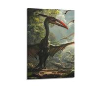 CMHONLY Poster su tela con immagine di un grande pterosauro in piedi con ali spiegate nella foresta, decorazione artistica da parete moderna, 50 x 75 cm, con cornice