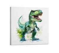 CMHONLY Stampa artistica da parete moderna su tela con dinosauri carnivori ad acquerello verde, decorazione artistica da parete, 50 x 50 cm, con cornice