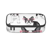 CMJSGG Frenchie nero Cartoon Bulldog francese Occhiali rosa Cane bianco, Astuccio per matite, Astuccio per matite Astuccio per penne a matita di grande capacità Borsa per cosmetici