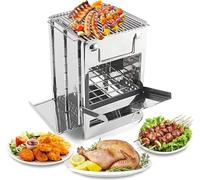 CMLLING Barbecue portatile in acciaio inox per esterni, pieghevole, con griglie di cottura e ripiani, piccola griglia per barbecue, 14 x 14 x 19 cm