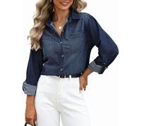 CMTOP Camicia Donna Camicetta Manica Lunga Loose Camicia Jeans Elegante Bottoni Scollo a V Tunica Blusa Basic Jacket Maglietta Primavera Autunno Giacca Shirt Top