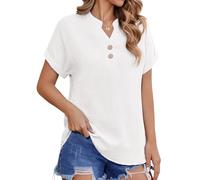 CMTOP Camicia Donna Estiva Cotone Camicetta Eleganti Scollo a V Top Moda Tinta Unita Classico Bottoni Top Casual Sciolto da Lavoro Tunica (Bianco, M)